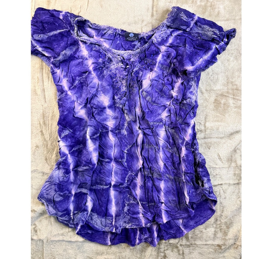 Fairycore Mermaidcore Purple Tie Dye Crinkle Blouse Sequin Embroidered Boho‎ Top